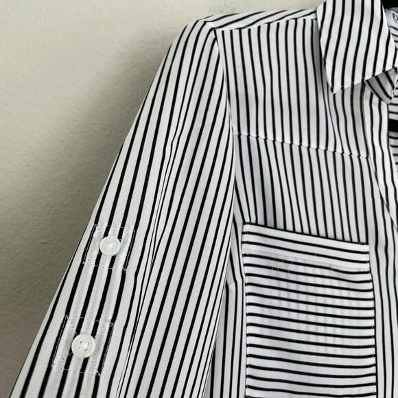 Express Portofino Shirt Womens XS Slim Fit Black White Striped Button Up Blouse - Picture 6 of 7